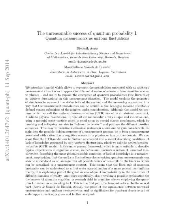 (PDF) The unreasonable success of quantum probability I: Quantum ...