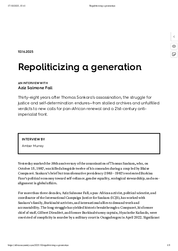 (PDF) Repoliticizing a generation, an interview with Aziz Fall