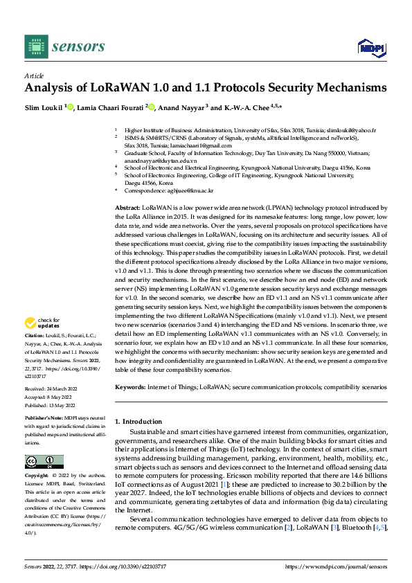 (PDF) Analysis of LoRaWAN 1.0 and 1.1 Protocols Security Mechanisms