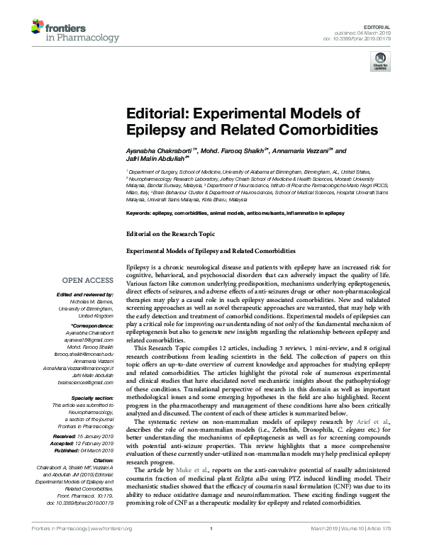 (PDF) Editorial: Experimental Models of Epilepsy and Related Comorbidities