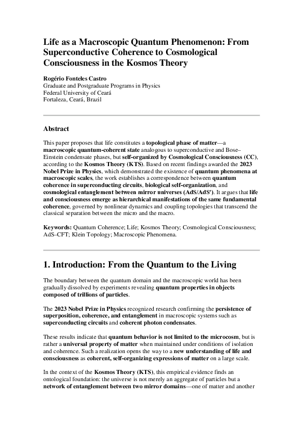 (PDF) Life as a Macroscopic Quantum Phenomenon: From Superconductive ...