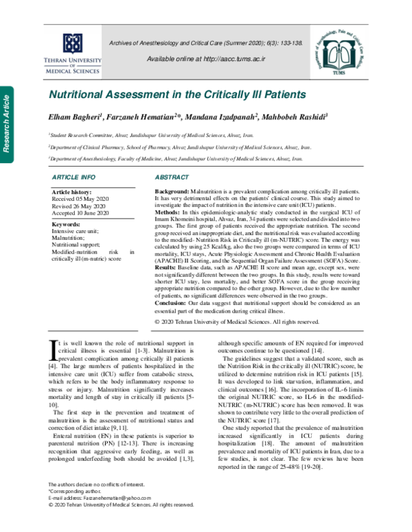 (PDF) Nutritional Assessment in the Critically Ill Patients