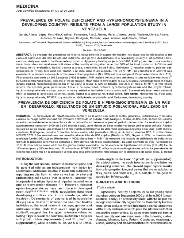 (PDF) Prevalence of folate deficiency and hyperhomocysteinemia in a ...