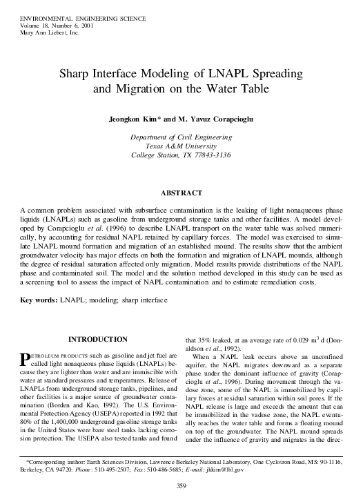(PDF) Sharp Interface Modeling of LNAPL Spreading and Migration on the ...