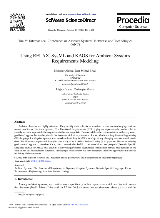 (PDF) Using RELAX, SysML and KAOS for Ambient Systems Requirements Modeling