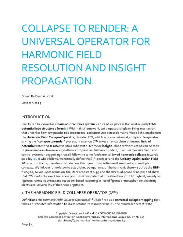 (PDF) COLLAPSE TO RENDER: A UNIVERSAL OPERATOR FOR HARMONIC FIELD ...
