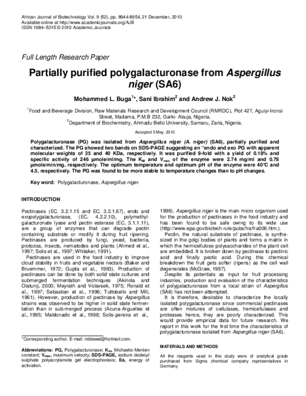 (PDF) Partially purified polygalacturonase from Aspergillus niger (SA6)