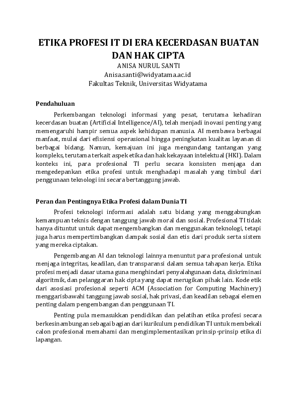 (PDF) ETIKA PROFESI IT DI ERA KECERDASAN BUATAN DAN HAK CIPTA