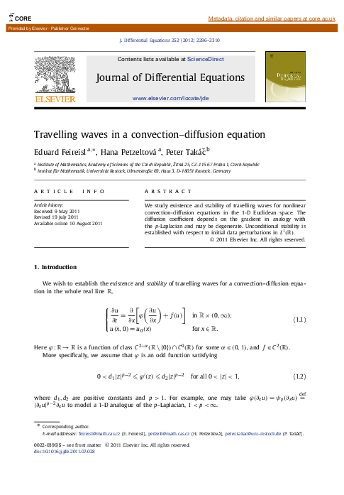 (PDF) Travelling waves in a convection–diffusion equation