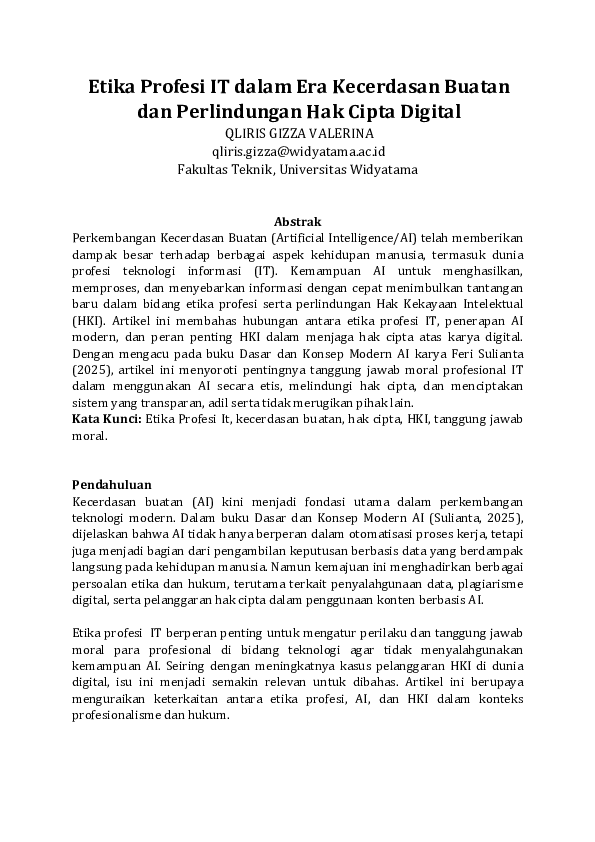 (PDF) Etika Profesi IT dalam Era Kecerdasan Buatan dan Perlindungan Hak ...