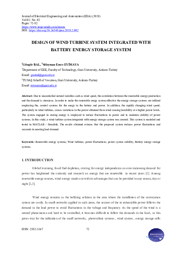 (PDF) Design of Wind Turbine System Integrated with Battery Energy ...
