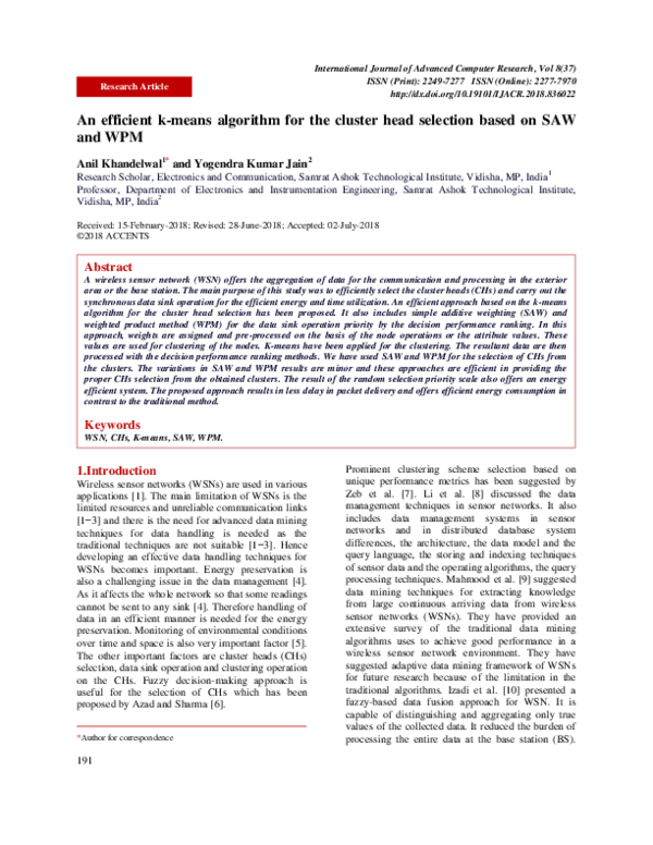 (PDF) An efficient k-means algorithm for the cluster head selection ...