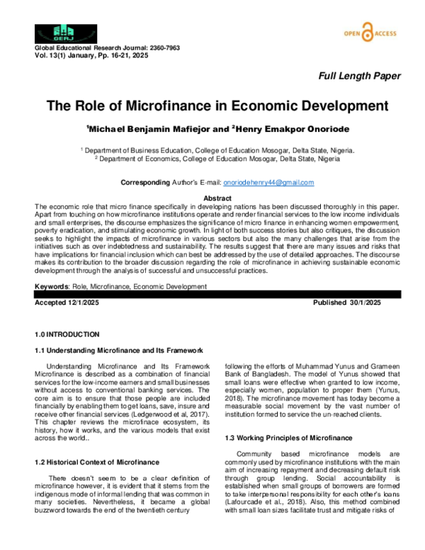 (PDF) The Role of Microfinance in Economic Development