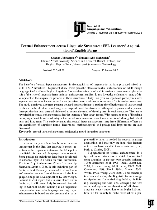 (PDF) Textual Enhancement across Linguistic Structures: EFL Learners ...