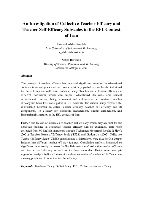 (PDF) An Investigation of Collective Teacher Efficacy and Teacher Self ...
