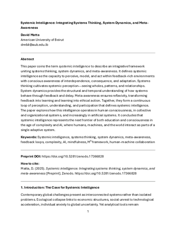 (PDF) Systemic Intelligence: Integrating Systems Thinking, System ...