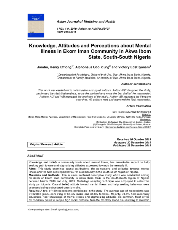 (PDF) Knowledge, Attitudes and Perceptions about Mental Illness in Ekom ...