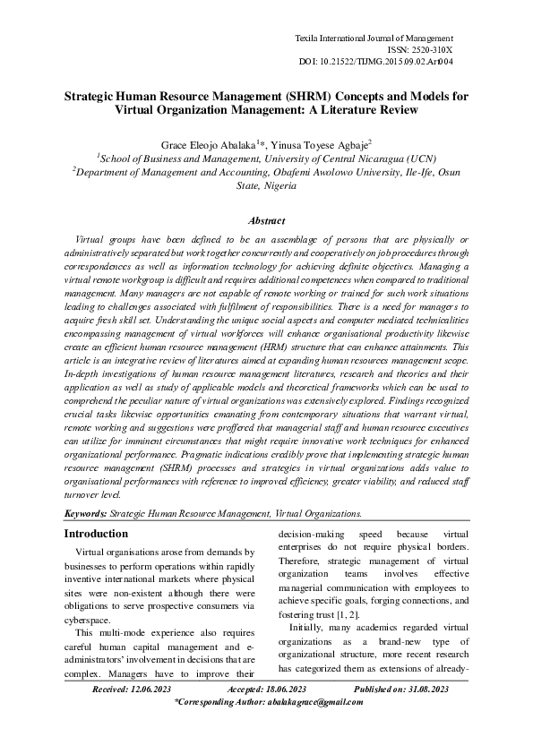 (PDF) Strategic Human Resource Management (SHRM) Concepts and Models ...