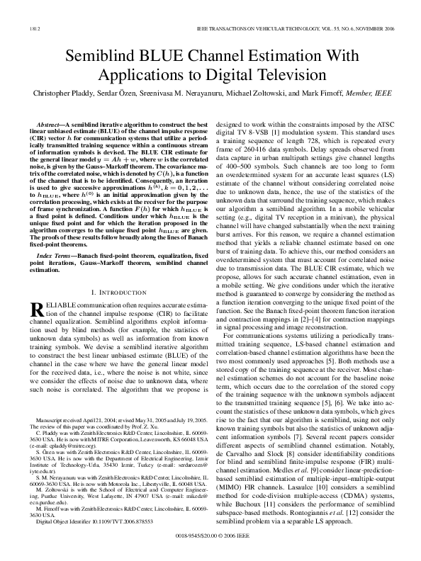 (PDF) Semiblind BLUE Channel Estimation With Applications to Digital ...