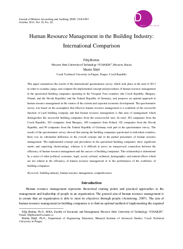 (PDF) Human Resource Management in the Building Industry： International ...