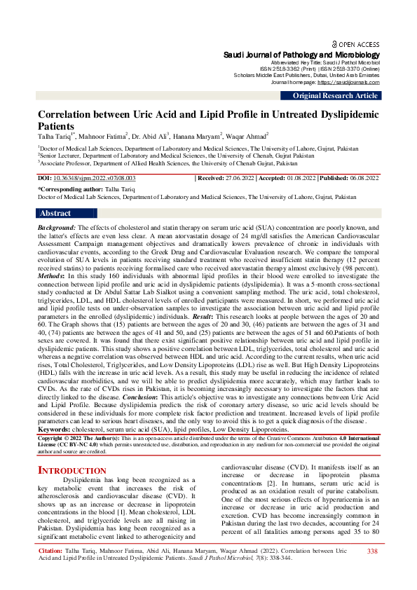 (PDF) Correlation between Uric Acid and Lipid Profile in Untreated ...