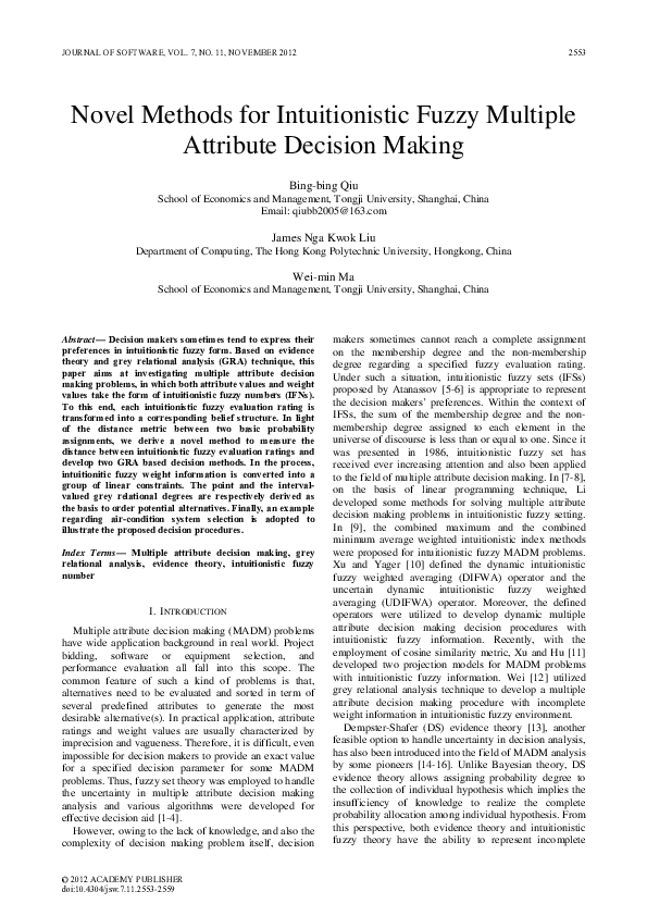 (PDF) Novel Methods for Intuitionistic Fuzzy Multiple Attribute ...