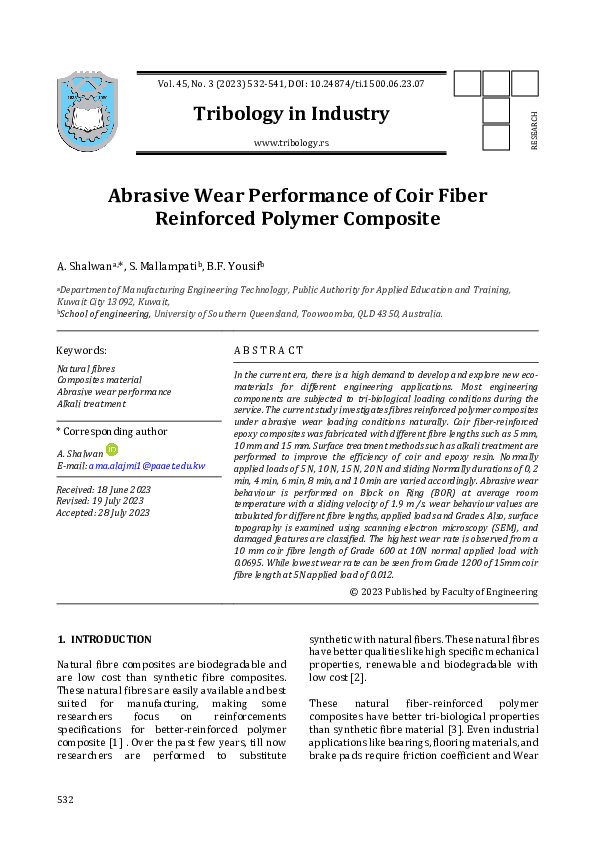 (PDF) Abrasive Wear Performance of Coir Fiber Reinforced Polymer Composite