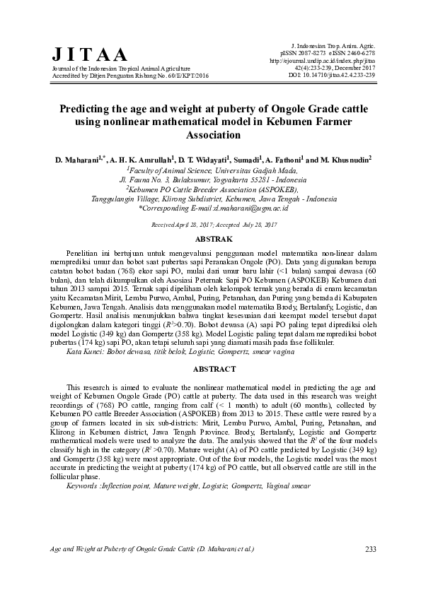 (PDF) Predicting the age and weight at puberty of Ongole Grade cattle ...