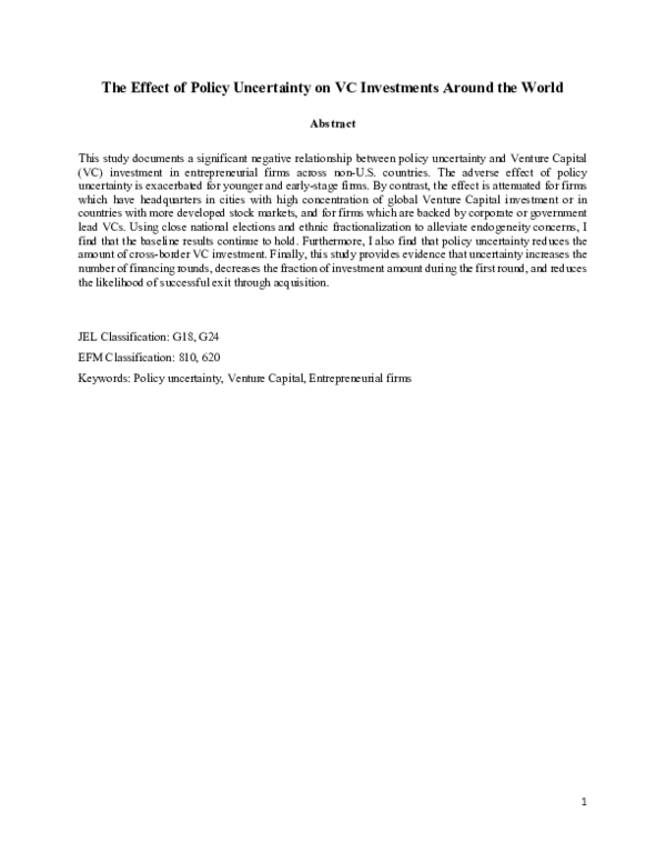 (PDF) The Effect of Policy Uncertainty on VC Investments Around the World
