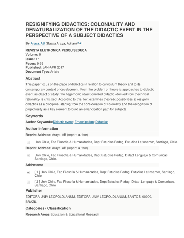 (PDF) Resignifying didactics: coloniality and denaturalization of the ...