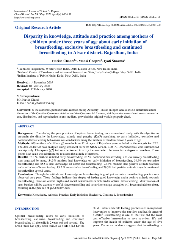 (PDF) Disparity in knowledge, attitude and practice among mothers of ...