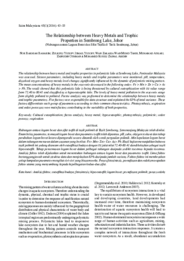 (PDF) The Relationship between Heavy Metals and Trophic Properties in ...
