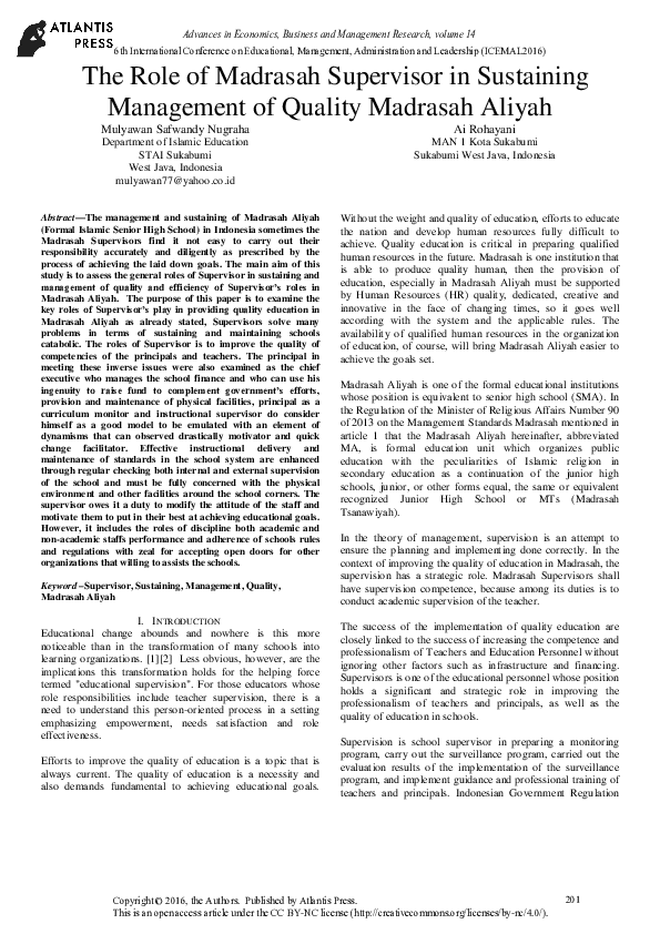 (PDF) The Role of Madrasah Supervisor in Sustaining Management of ...
