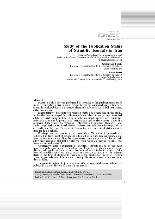 (PDF) Study of the Publication Status of Scientific Journals in Iran