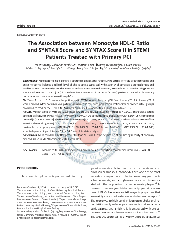(PDF) The Association between Monocyte HDL-C Ratio and SYNTAX Score and ...