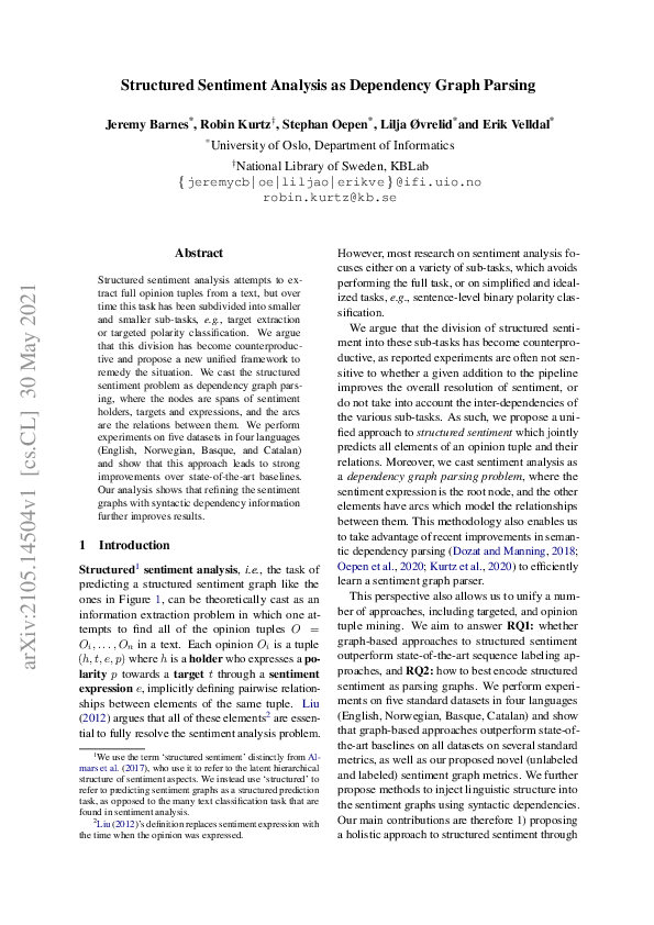 (PDF) Structured Sentiment Analysis as Dependency Graph Parsing