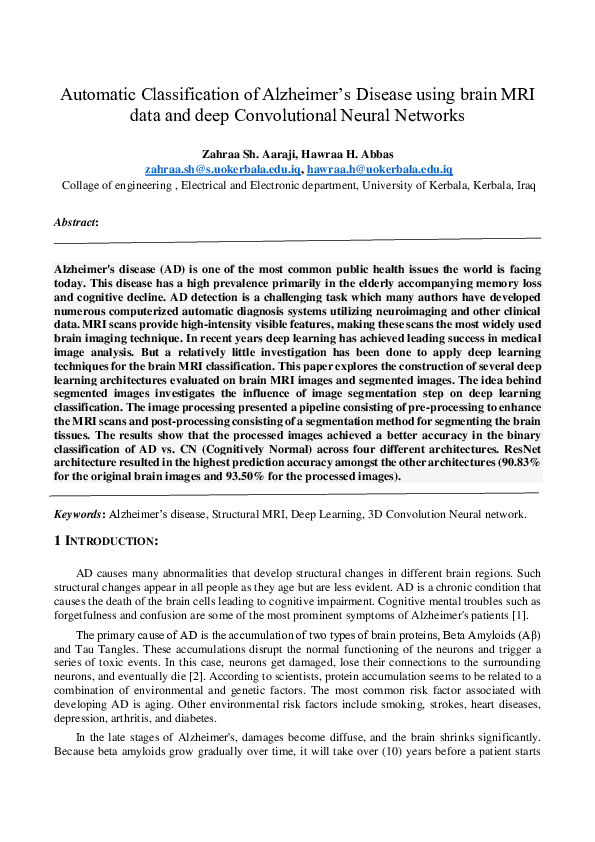 (PDF) Automatic Classification of Alzheimer's Disease using brain MRI ...