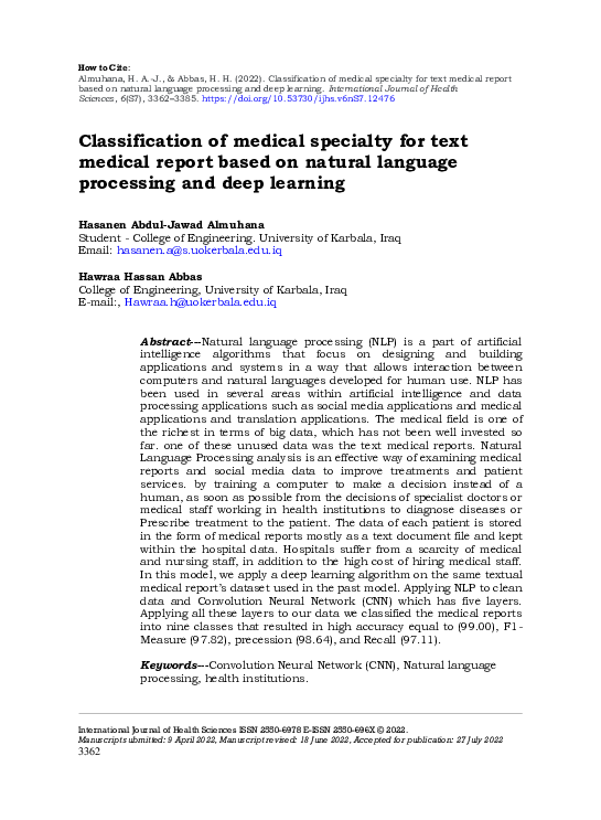 (PDF) Classification of medical specialty for text medical report based ...