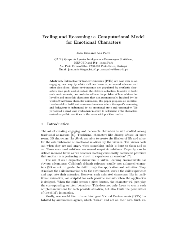 (PDF) Feeling and Reasoning: A Computational Model for Emotional Characters