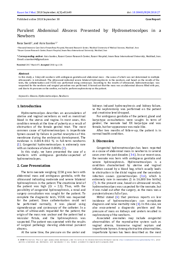 (PDF) Purulent Abdominal Abscess Presented by Hydrometrocolpos in a Newborn