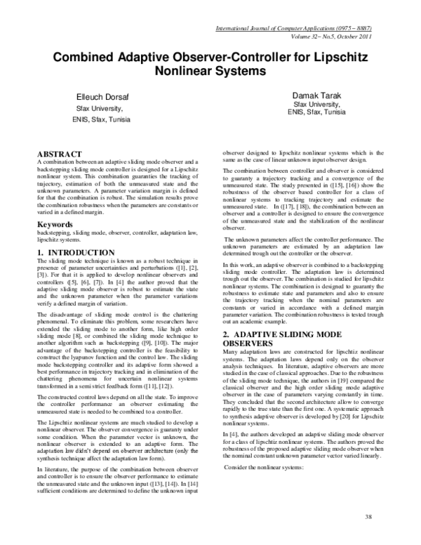 (PDF) Combined Adaptive ObserverController for Lipschitz Nonlinear Systems