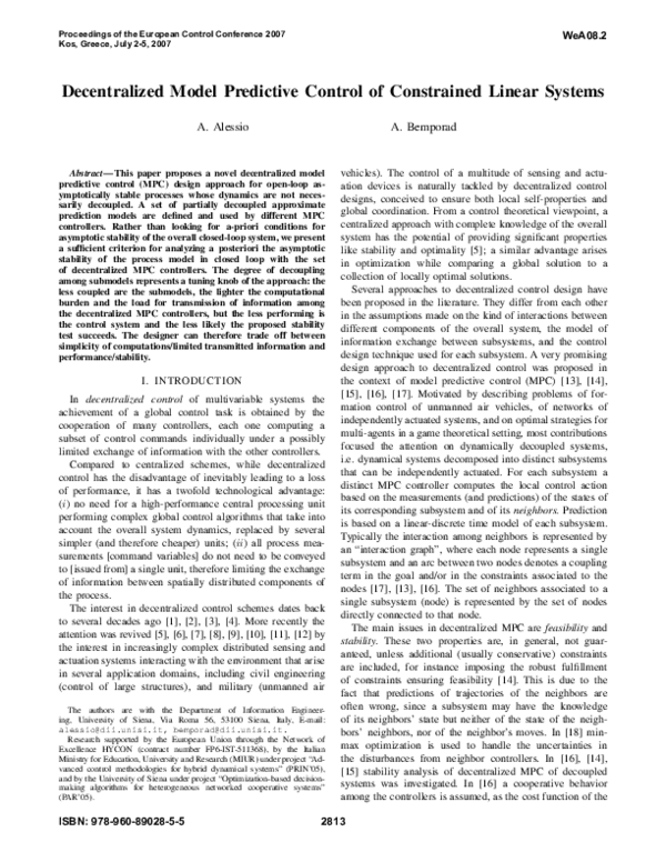 (PDF) Decentralized model predictive control of constrained linear systems