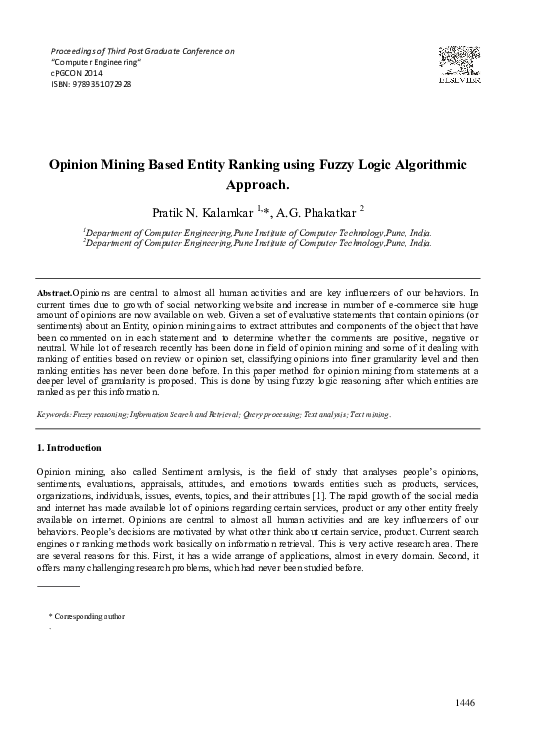 (PDF) Opinion Mining Based Entity Ranking using Fuzzy Logic Algorithmic ...