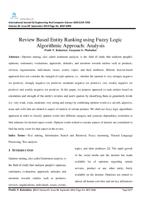(PDF) Review Based Entity Ranking using Fuzzy Logic Algorithmic ...