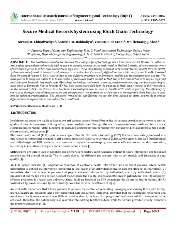(PDF) Secure Medical Records System using Block Chain Technology