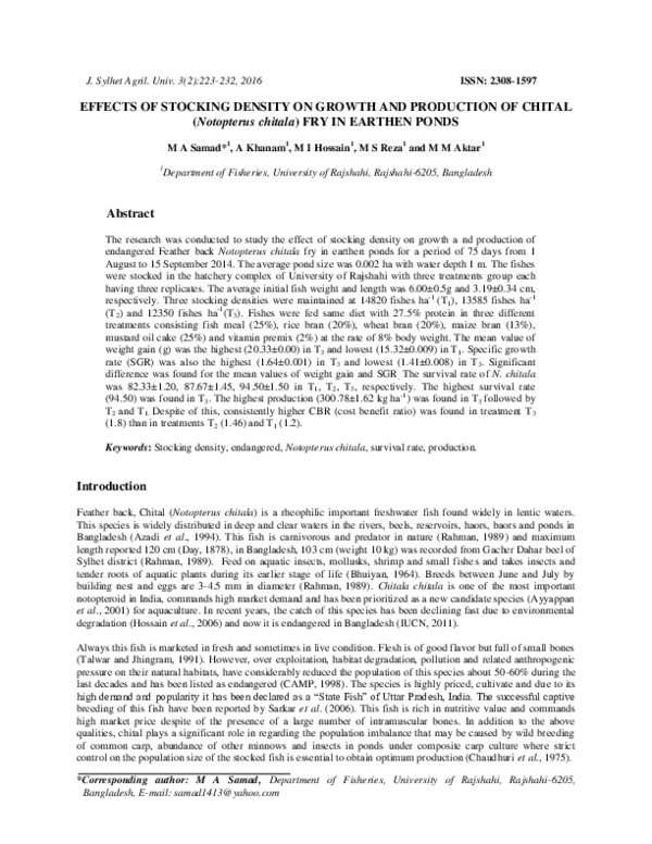 (PDF) EFFECTS OF STOCKING DENSITY ON GROWTH AND PRODUCTION OF CHITAL ...