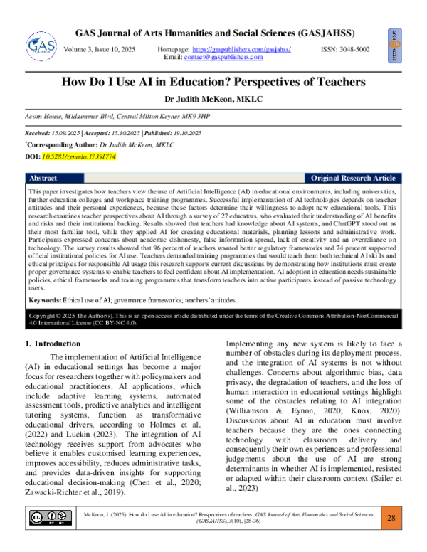 (PDF) How Do I Use AI in Education? Perspectives of Teachers