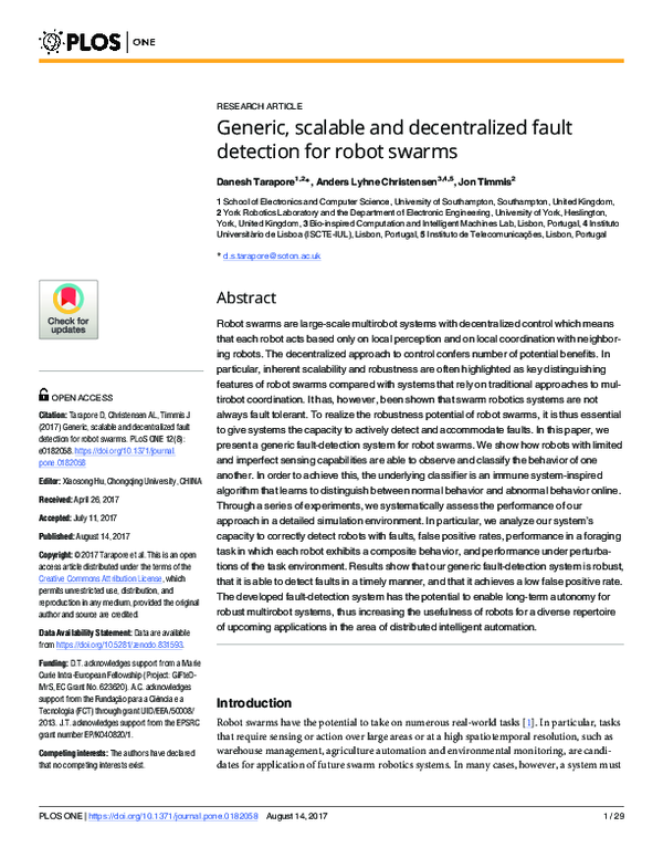 (PDF) Generic, scalable and decentralized fault detection for robot swarms