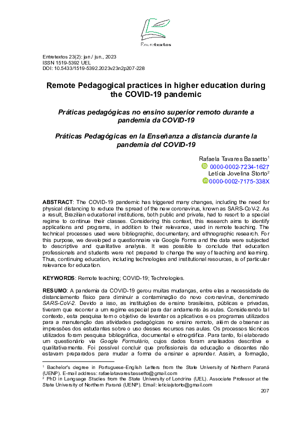 (PDF) Remote Pedagogical practices in higher education during the COVID ...