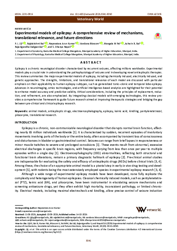 (PDF) Experimental models of epilepsy: A comprehensive review of ...